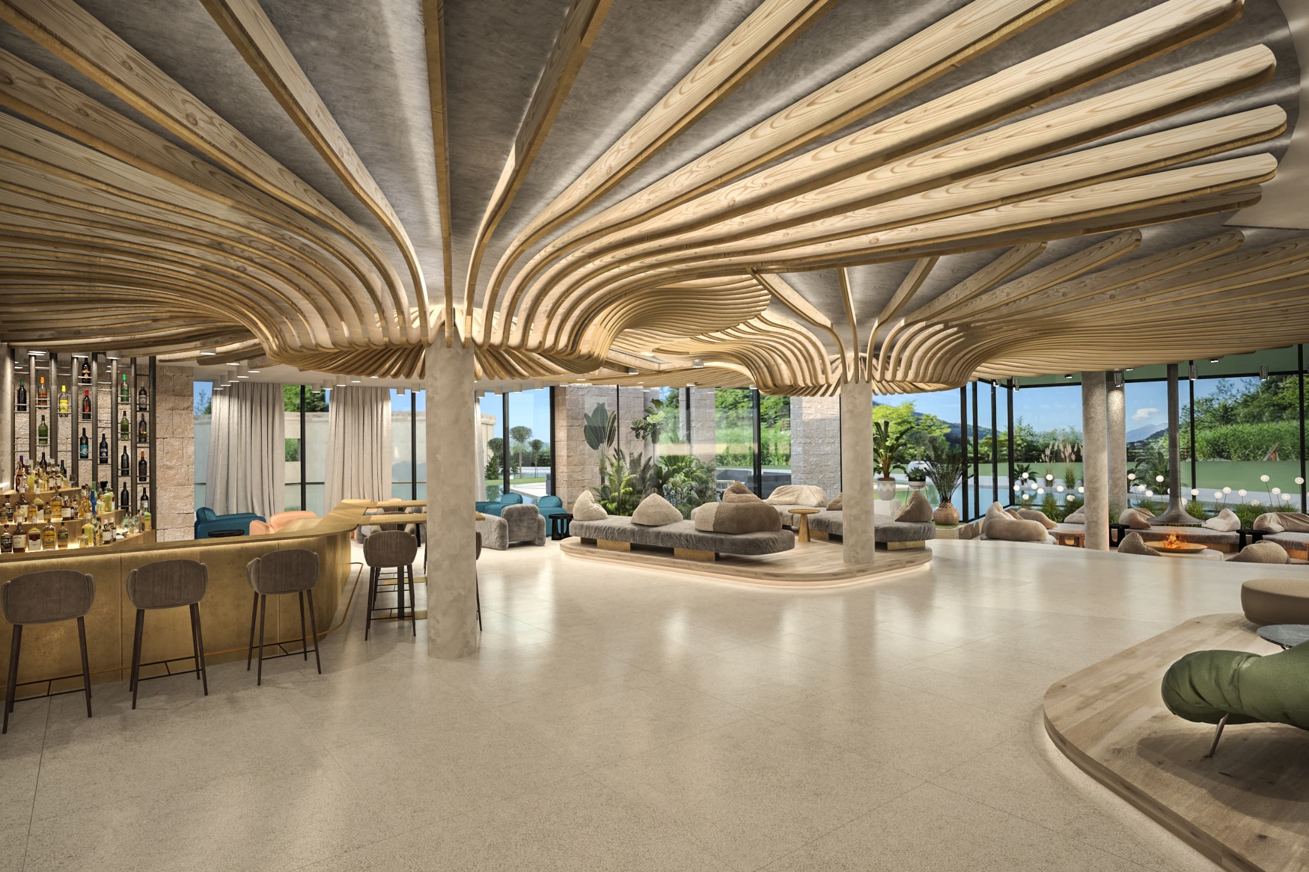 Hotel Quellenhof — alpine hotel lobby with sculptural wood-slat ceiling, South Tyrol