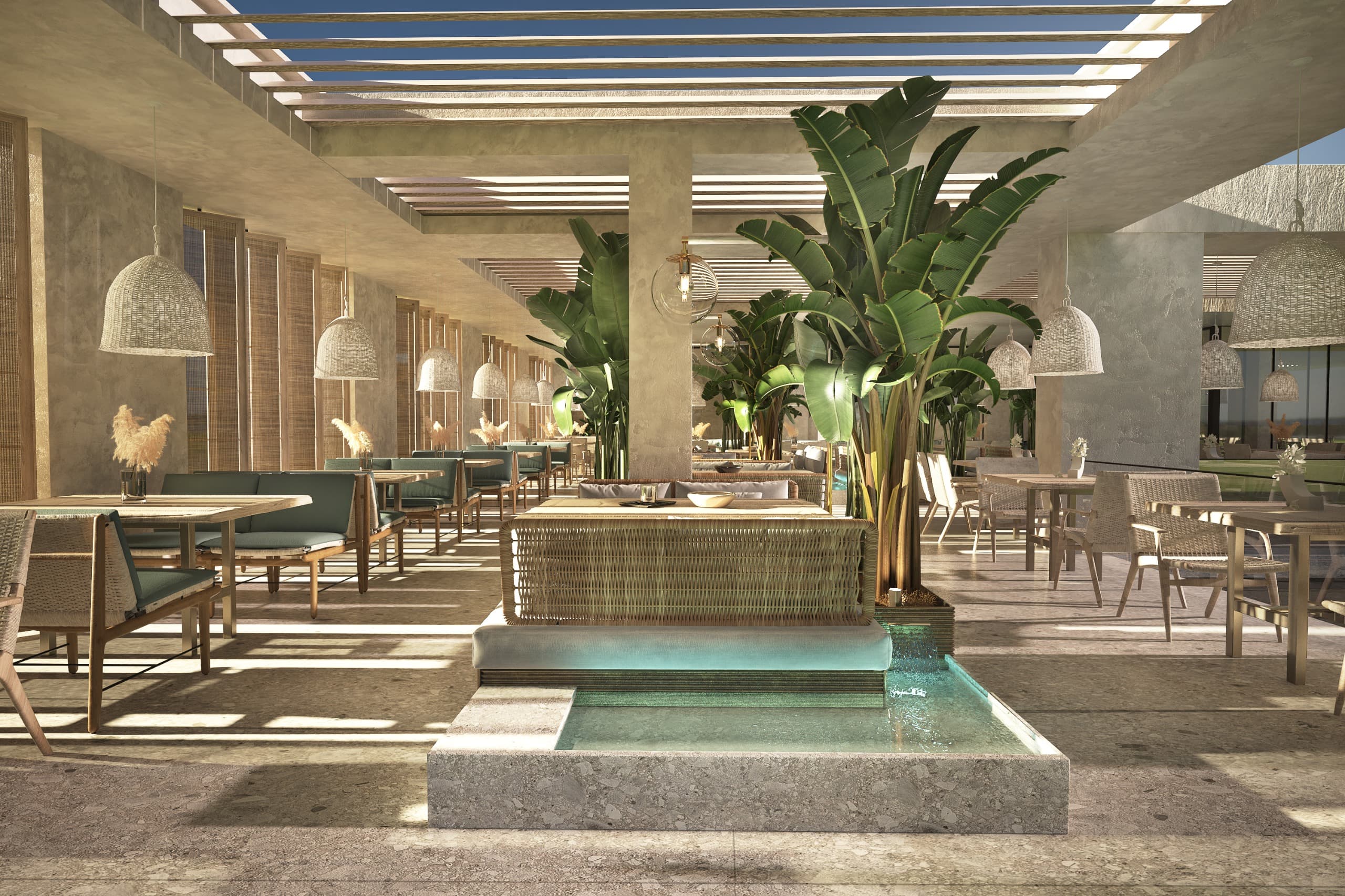 La Palma Resort — open-air restaurant with pergola and reflection pool, boutique resort interior design Mallorca