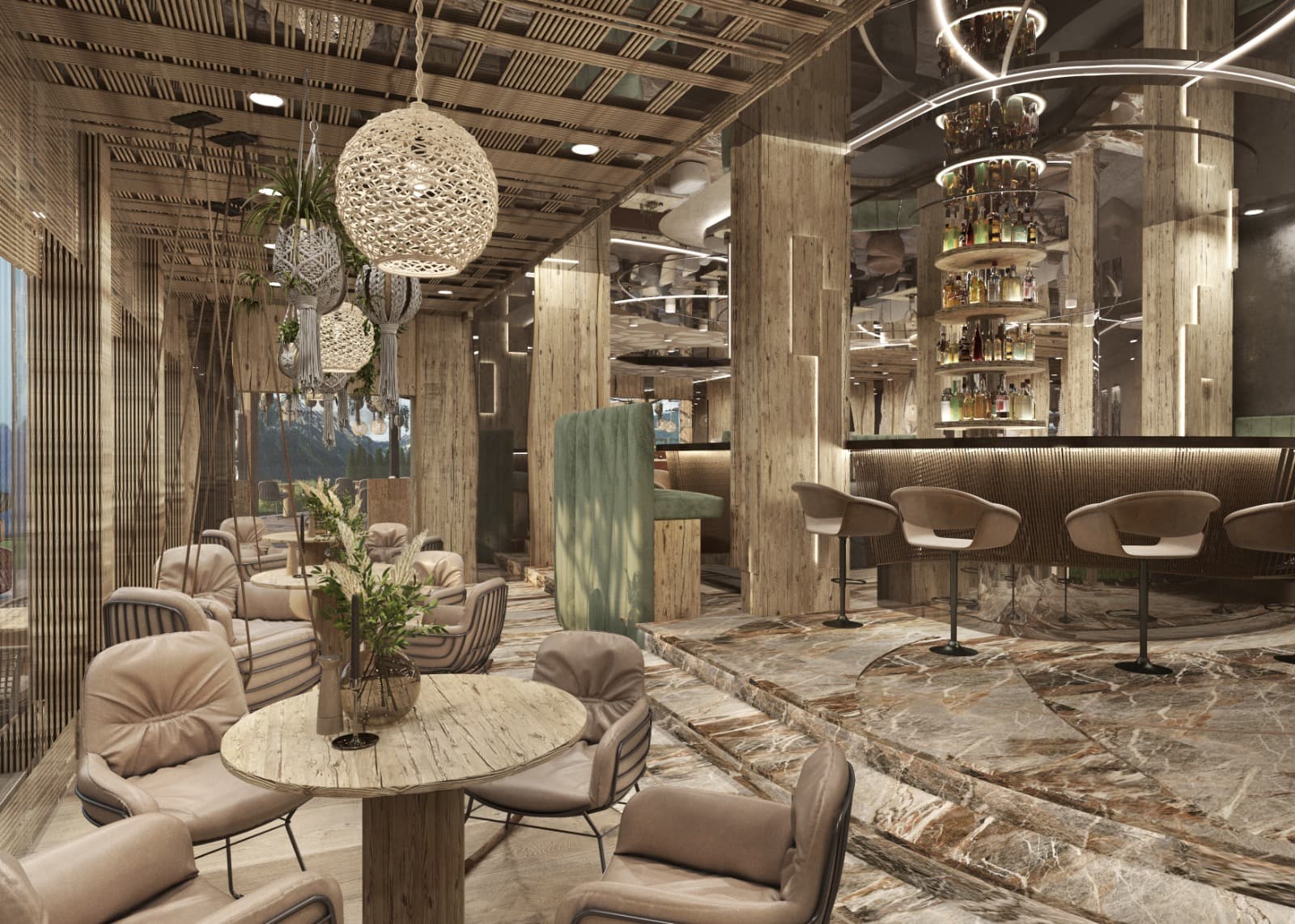 Chalet Kitzbühel — alpine après-ski lounge concept with reclaimed larch and marble, 5-star hotel interior design Tyrol