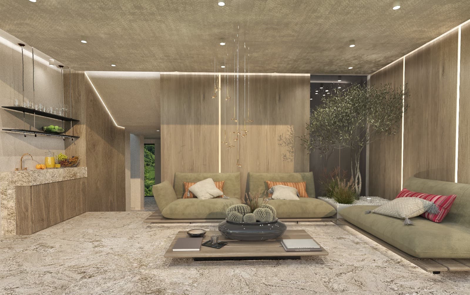 Villa Belvedere — private residence lounge with olive-tree atrium and sage velvet seating, Lake Garda