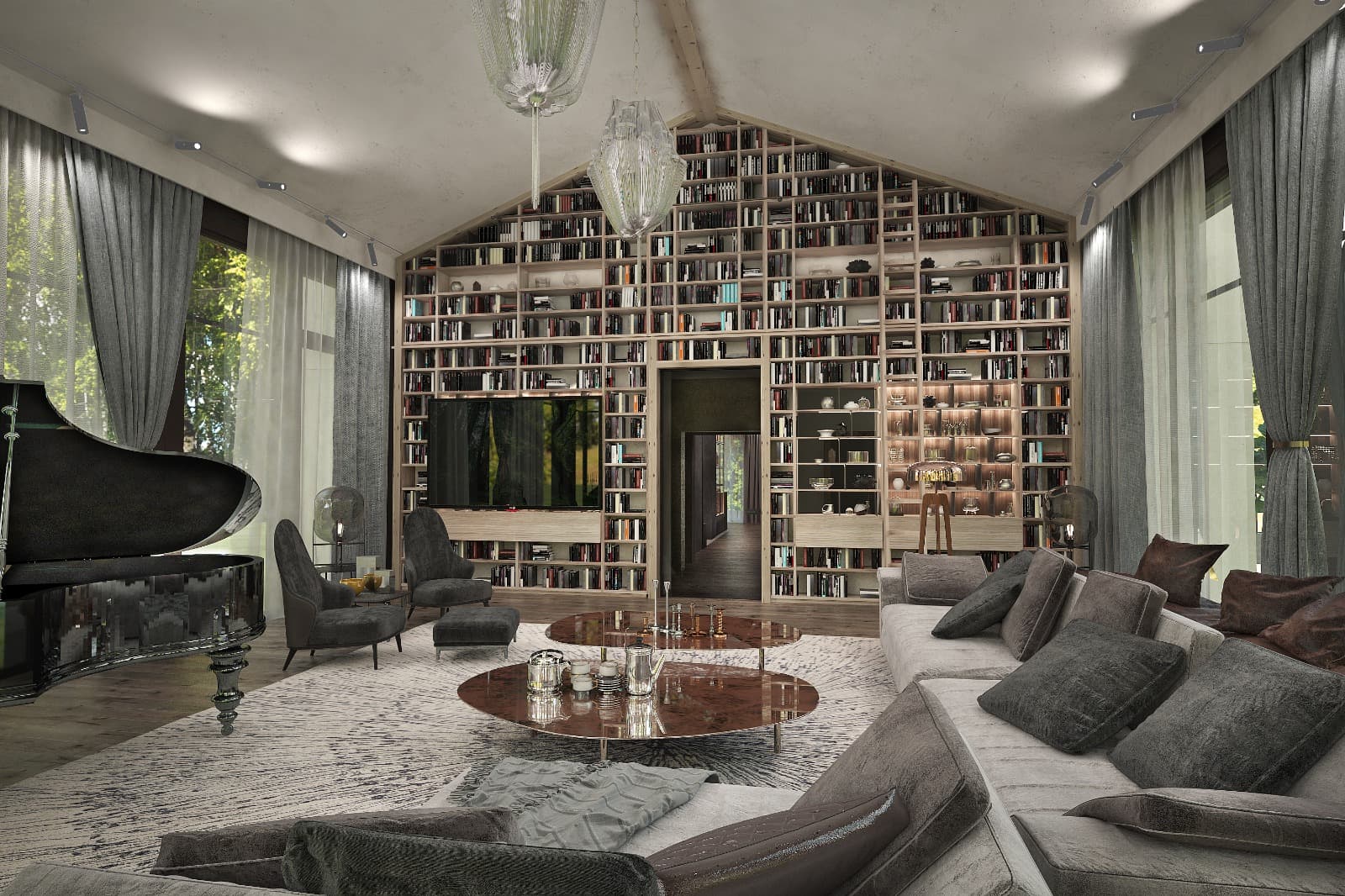 Casa della Biblioteca — double-height private library and music room, Tuscany villa interior design