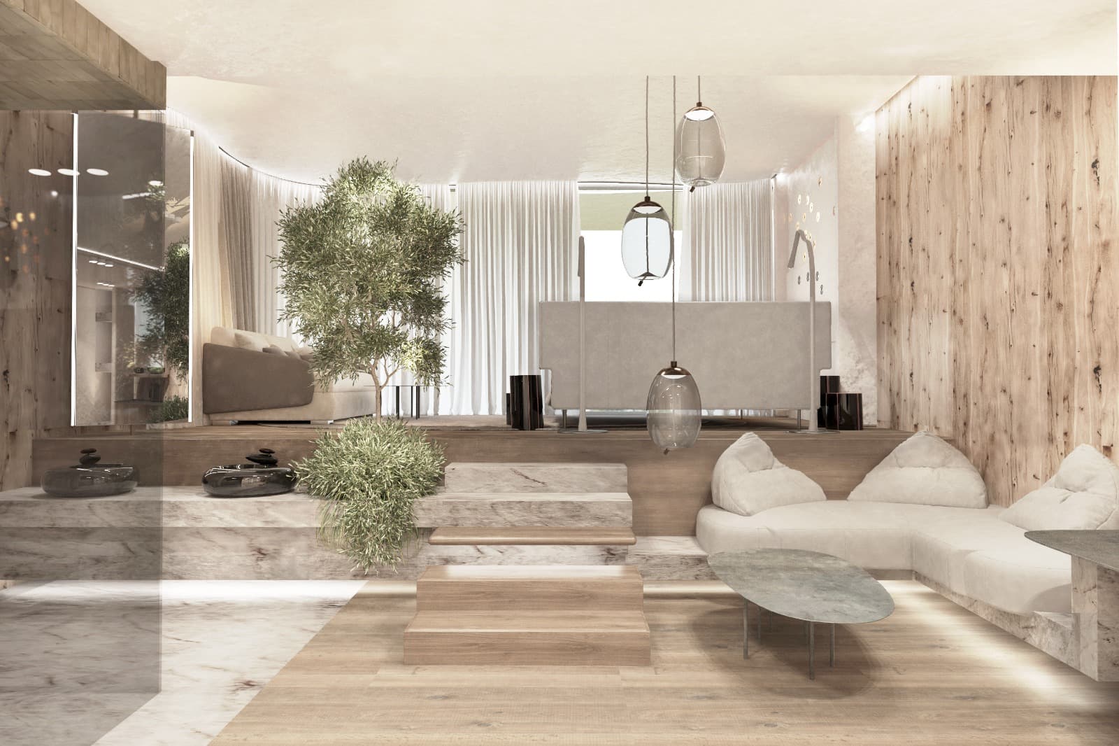 Boutique Hotel Amaril — wellness reception and spa terraces with travertine and oak, South Tyrol hotel design