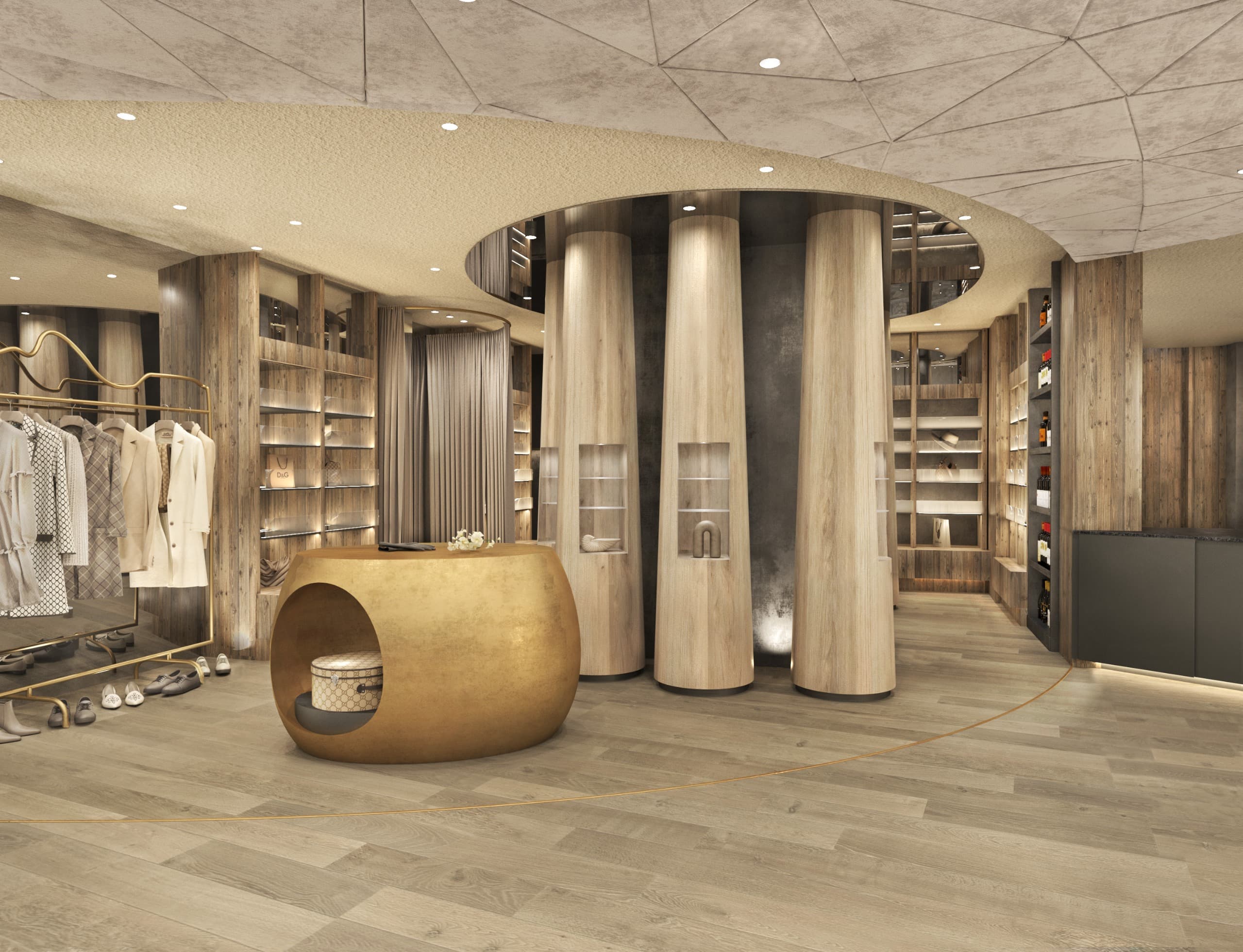 Maison Archi — luxury boutique with sculptural honeycomb ceiling and timber columns, Paris retail design