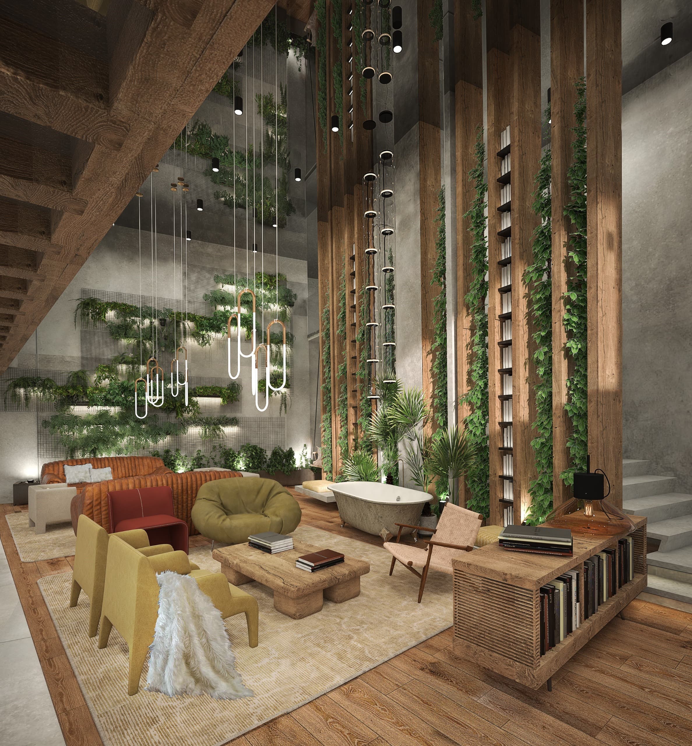 Biophilic Loft — Viennese townhouse with double-height living-wall atrium and freestanding bath