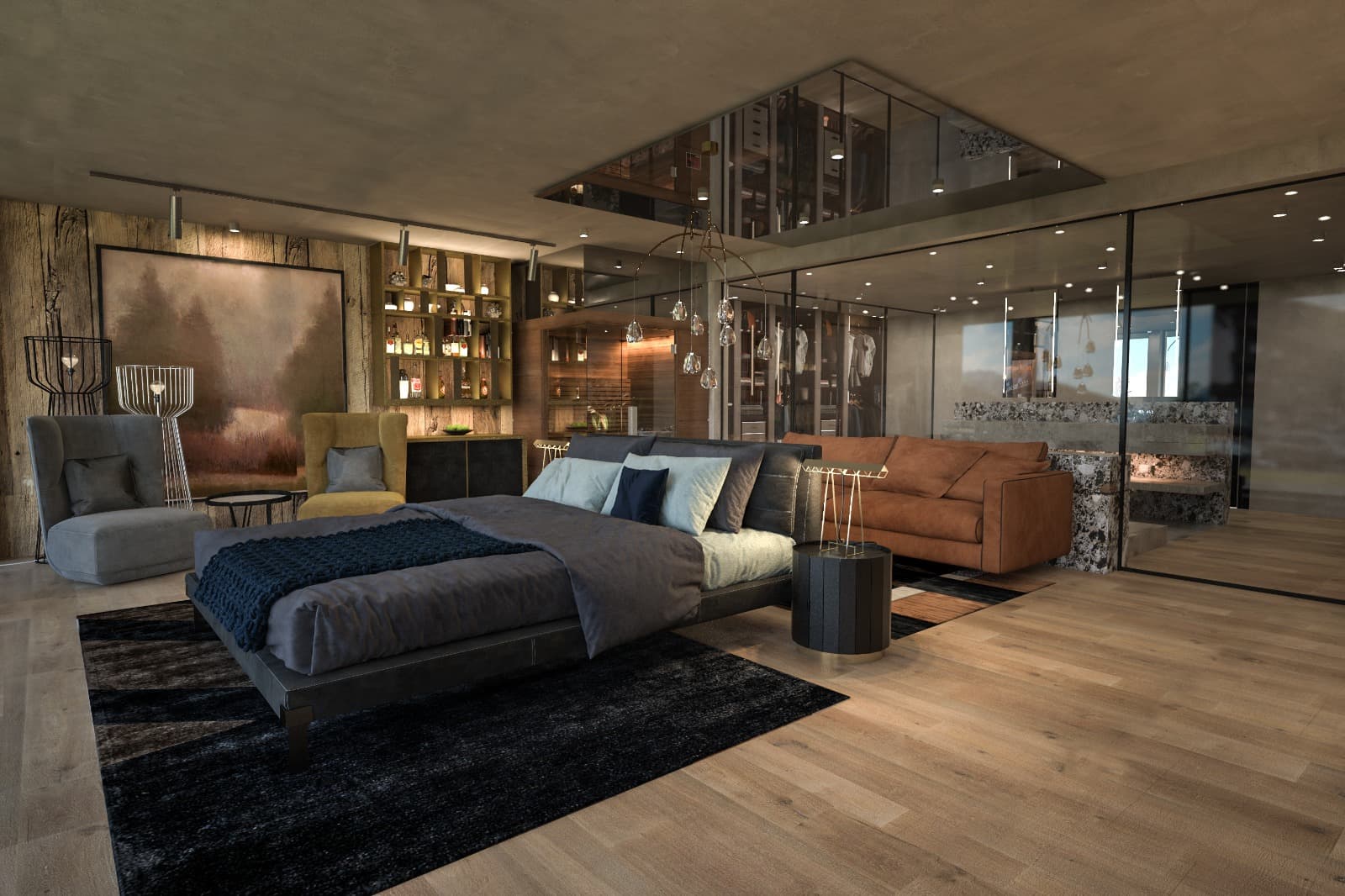 Penthouse Herăstrău — master suite with mirrored ceiling and bar nook, Bucharest interior design